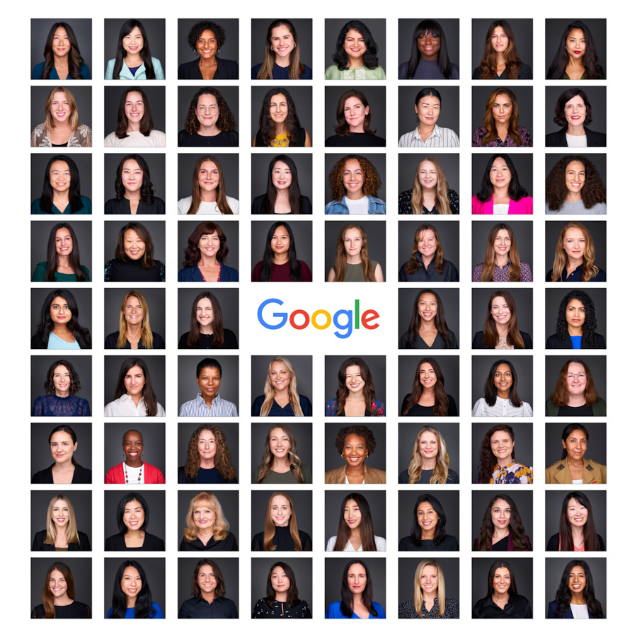 Google conference headshot grid — 72 women photographed by Ross McIntire